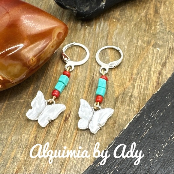 Butterfly Dangle Earrings with Turquoise and Red Beads - Picture 1 of 1